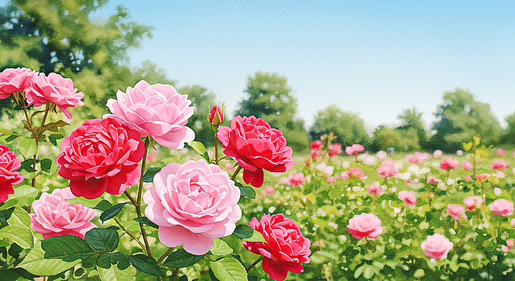 JPG 나무 구름 잎 꽃백그라운드 일러스트 자연 하늘 수채화 풍경 사람없음 장미 정원 봄풍경 국내일러스트 AI일러스트 AI콘텐츠 자연요소 식물 꽃 백그라운드 봄 생태계 파일형식