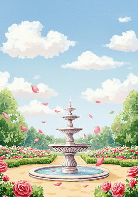 JPG 나무 구름 꽃잎 잎 꽃백그라운드 일러스트 자연 하늘 수채화 풍경 사람없음 장미 정원 봄풍경 분수 국내일러스트 AI일러스트 AI콘텐츠 자연요소 식물 꽃 백그라운드 봄 생태계 파일형식