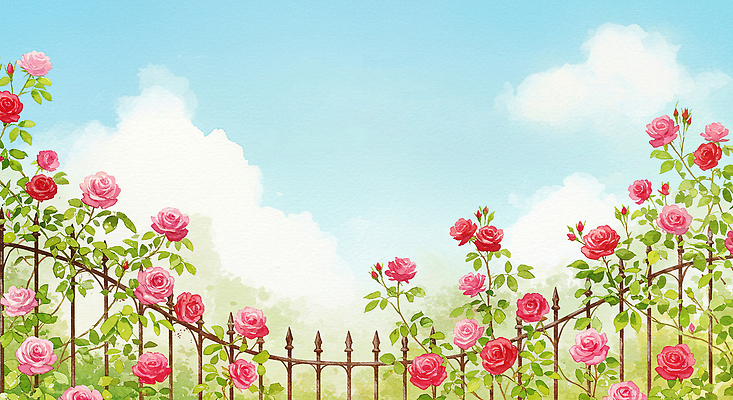 JPG 구름 잎 꽃백그라운드 일러스트 자연 하늘 수채화 풍경 사람없음 울타리 장미 정원 봄풍경 국내일러스트 AI일러스트 AI콘텐츠 자연요소 식물 꽃 백그라운드 담장 봄 생태계 파일형식