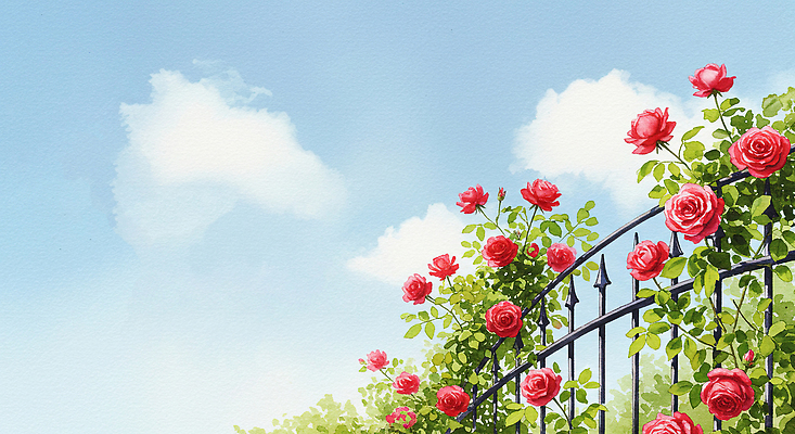 JPG 구름 잎 꽃백그라운드 일러스트 자연 하늘 수채화 풍경 사람없음 울타리 장미 정원 봄풍경 국내일러스트 AI일러스트 AI콘텐츠 자연요소 식물 꽃 백그라운드 담장 봄 생태계 파일형식