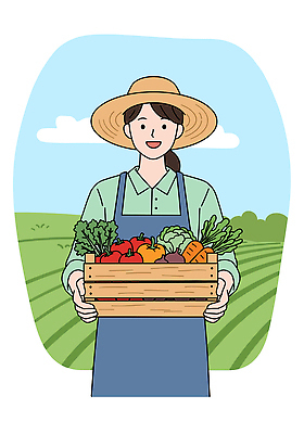 PSD 구름 여자 장갑 밭 채소 일러스트 하늘 작업복 한명 미소 들기 상반신 성인 앞치마 풀 농부 나무상자 밀짚모자 성인여자한명만 국내일러스트 자연요소 식물 직업 모자_잡화 1 잡화 옷 농업 모션 표정 사람 상자 여자한명만 성인여자만 파일형식