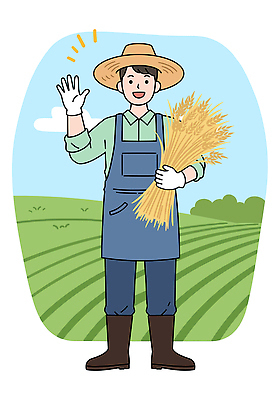 전신 PSD 구름 남자 장갑 밭 일러스트 하늘 작업복 한명 미소 들기 성인 손들기 앞치마 벼 풀 농부 밀짚모자 성인남자한명만 국내일러스트 자연요소 식물 직업 모자_잡화 1 잡화 옷 농업 모션 곡류 표정 사람 남자한명만 성인남자만 파일형식