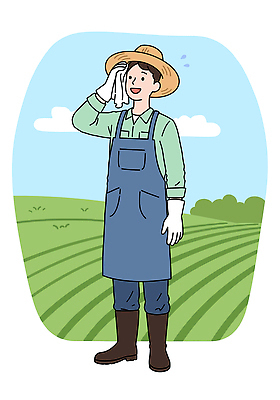 전신 PSD 구름 남자 장갑 밭 일러스트 하늘 작업복 한명 미소 들기 성인 수건 앞치마 풀 농부 밀짚모자 땀 닦기 성인남자한명만 국내일러스트 자연요소 식물 직업 모자_잡화 1 잡화 옷 농업 모션 표정 사람 위생용품 남자한명만 성인남자만 파일형식