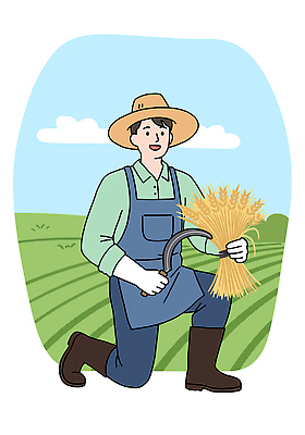 전신 PSD 구름 남자 장갑 밭 일러스트 하늘 작업복 한명 미소 들기 성인 앞치마 벼 풀 농부 무릎꿇기 밀짚모자 낫 성인남자한명만 국내일러스트 자연요소 식물 직업 모자_잡화 1 잡화 옷 농업 모션 곡류 표정 사람 남자한명만 성인남자만 파일형식