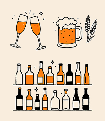 PSD 일러스트 술병 맥주 사람없음 반짝임 주황색 전시 샴페인 샴페인잔 보리 일렬 맥주잔 연분홍색 국내일러스트 분홍색 컬러 술잔 모션 병_용기 곡류 주류 파일형식