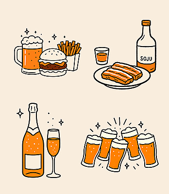 PSD 일러스트 맥주 돼지고기 사람없음 반짝임 주황색 감자튀김 햄버거 건배 샴페인잔 맥주잔 소주병 샴페인병 소주잔 연분홍색 국내일러스트 분홍색 컬러 술잔 모션 술병 감자 주류 패스트푸드 육류 튀김 샴페인 소주 파일형식