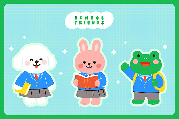 학생 교복 하늘색 일러스트 청소년 책가방 미소 들기 사람없음 책 친구 반짝임 독서 청소년교육 토끼캐릭터 격자 손인사 개캐릭터 개구리캐릭터 일러캐릭터 AI파일 캐릭터 옷 교육 동물캐릭터 무늬 가방 관계 모션 표정 개구리 사람 파란색 토끼 인사 개 파일형식 벡터