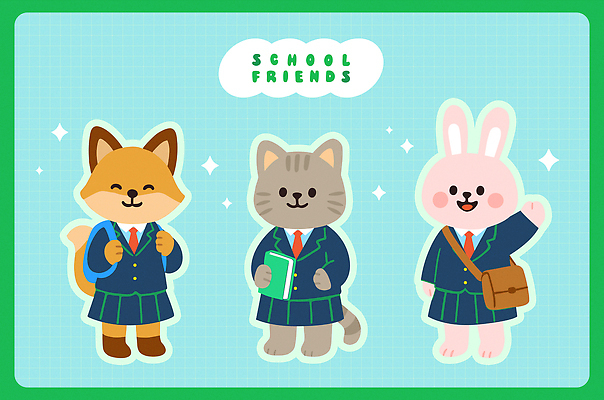 학생 교복 하늘색 일러스트 청소년 책가방 미소 들기 사람없음 책 친구 반짝임 잡기 청소년교육 토끼캐릭터 격자 손인사 고양이캐릭터 여우캐릭터 일러캐릭터 AI파일 캐릭터 옷 교육 동물캐릭터 무늬 가방 관계 모션 표정 사람 파란색 고양이 토끼 인사 여우 파일형식 벡터