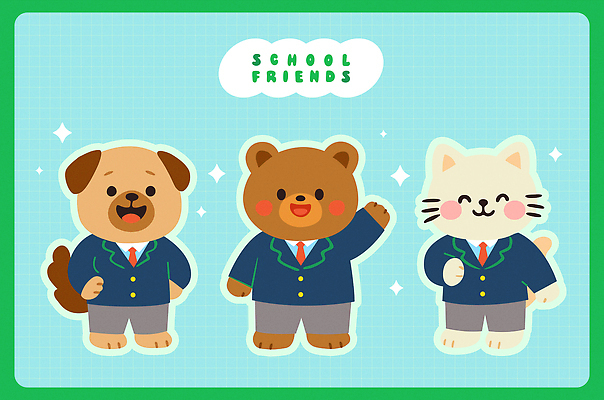 학생 교복 하늘색 일러스트 청소년 미소 사람없음 친구 반짝임 청소년교육 곰캐릭터 격자 손인사 개캐릭터 고양이캐릭터 일러캐릭터 AI파일 캐릭터 옷 교육 동물캐릭터 무늬 곰 관계 모션 표정 사람 파란색 고양이 인사 개 파일형식 벡터