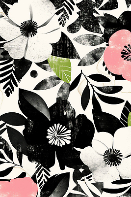 JPG 잎 패턴 꽃백그라운드 일러스트 사람없음 검은색 판화 국내일러스트 AI일러스트 AI콘텐츠 식물 꽃 컬러 백그라운드 무늬 미술 파일형식