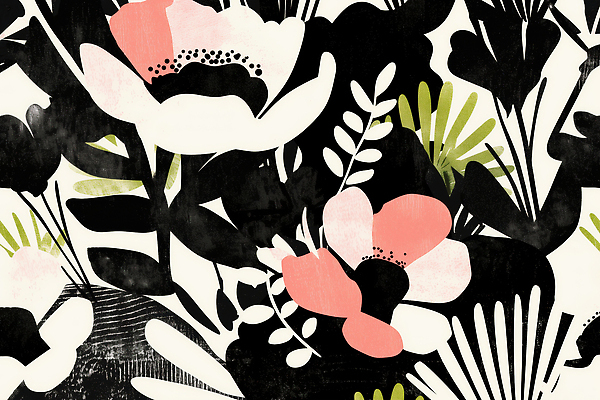JPG 잎 패턴 꽃백그라운드 일러스트 사람없음 검은색 판화 국내일러스트 AI일러스트 AI콘텐츠 식물 꽃 컬러 백그라운드 무늬 미술 파일형식
