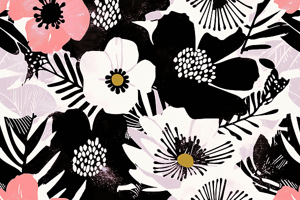 JPG 잎 패턴 꽃백그라운드 일러스트 사람없음 검은색 판화 국내일러스트 AI일러스트 AI콘텐츠 식물 꽃 컬러 백그라운드 무늬 미술 파일형식