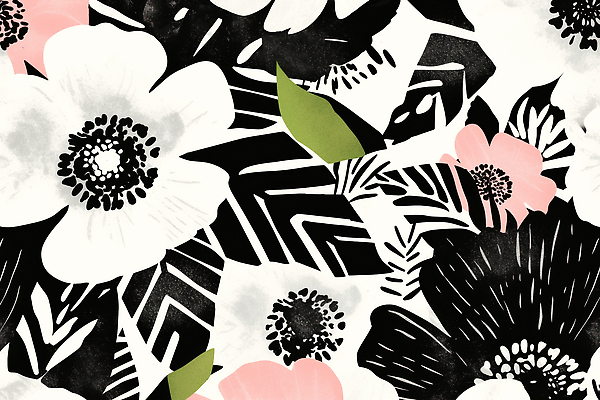 JPG 잎 패턴 꽃백그라운드 일러스트 사람없음 검은색 판화 국내일러스트 AI일러스트 AI콘텐츠 식물 꽃 컬러 백그라운드 무늬 미술 파일형식