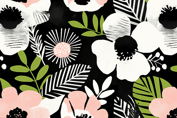 JPG 잎 패턴 꽃백그라운드 일러스트 사람없음 검은색 판화 국내일러스트 AI일러스트 AI콘텐츠 식물 꽃 컬러 백그라운드 무늬 미술 파일형식