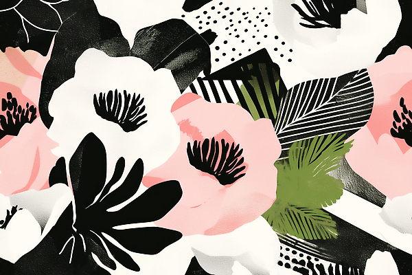 JPG 잎 패턴 꽃백그라운드 일러스트 사람없음 검은색 판화 국내일러스트 AI일러스트 AI콘텐츠 식물 꽃 컬러 백그라운드 무늬 미술 파일형식