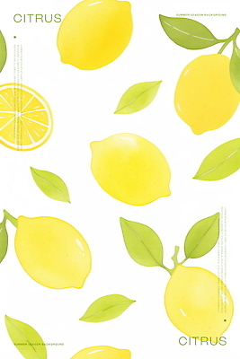 PSD 백그라운드 잎 패턴 일러스트 수채화 사람없음 초록색 노란색 레몬 국내일러스트 식물 컬러 무늬 과일 파일형식