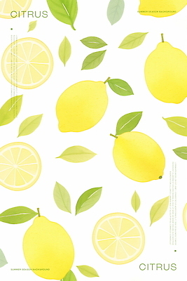 PSD 백그라운드 잎 패턴 일러스트 단면 수채화 사람없음 초록색 노란색 레몬 국내일러스트 식물 컬러 무늬 과일 파일형식