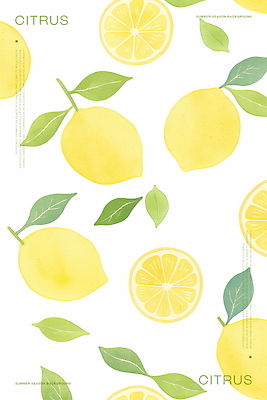 PSD 백그라운드 잎 패턴 일러스트 단면 수채화 사람없음 초록색 노란색 레몬 국내일러스트 식물 컬러 무늬 과일 파일형식