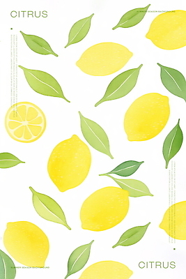 PSD 백그라운드 잎 패턴 일러스트 단면 수채화 사람없음 초록색 노란색 레몬 국내일러스트 식물 컬러 무늬 과일 파일형식