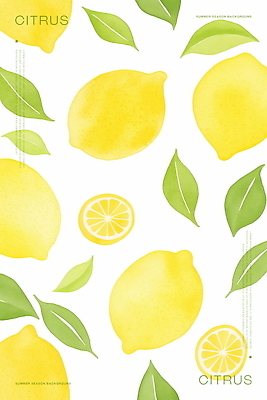 PSD 백그라운드 잎 패턴 일러스트 단면 수채화 사람없음 초록색 노란색 레몬 국내일러스트 식물 컬러 무늬 과일 파일형식