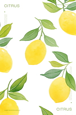 PSD 백그라운드 잎 패턴 일러스트 수채화 사람없음 초록색 노란색 레몬 국내일러스트 식물 컬러 무늬 과일 파일형식