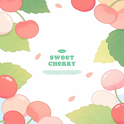 PSD 꽃잎 분홍색 잎 일러스트 수채화 프레임 사람없음 초록색 체리 국내일러스트 식물 꽃 컬러 과일 파일형식