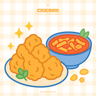 그릇 접시 잎 일러스트 사람없음 치킨 프라이드치킨 체크무늬 국물떡볶이 연노랑색 국내일러스트 AI파일 식물 식기 무늬 노란색 떡볶이 국물 닭고기요리 파일형식 벡터