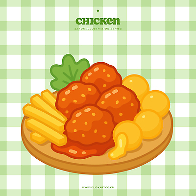 무료이미지 그릇 잎 일러스트 사람없음 초록색 치킨 양념치킨 감자튀김 양념 체크무늬 치즈볼 국내일러스트 AI파일 식물 식기 컬러 무늬 디저트 감자 튀김 닭고기요리 파일형식 벡터
