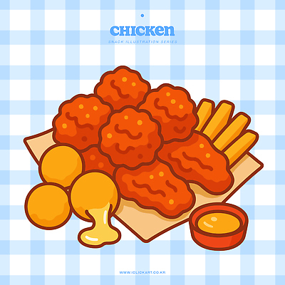 하늘색 일러스트 사람없음 치킨 양념치킨 감자튀김 소스 체크무늬 종지 치즈볼 국내일러스트 AI파일 그릇 무늬 디저트 감자 파란색 튀김 양념 닭고기요리 파일형식 벡터
