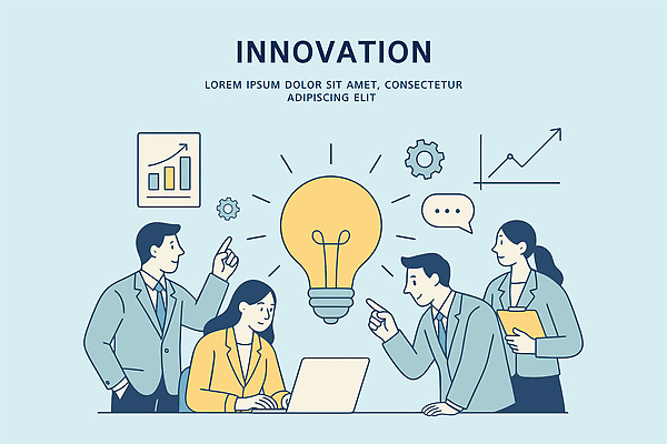 여자 남자 화살표 하늘색 말풍선 일러스트 비즈니스 전구 회의 그래프 협력 미소 정장 여러명 상반신 성인 노트북 가리킴 타이핑 비즈니스맨 비즈니스우먼 톱니바퀴 주머니손 서류판 파트너십 성인만 브레인스토밍 국내일러스트 AI파일 옷 다수 모션 표정 사람 손짓 파란색 전자제품 사무용품 직장인 파일형식 벡터