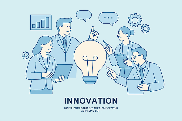 여자 남자 하늘색 말풍선 일러스트 비즈니스 전구 회의 그래프 협력 미소 들기 정장 여러명 상반신 성인 노트북 펜 가리킴 비즈니스맨 비즈니스우먼 톱니바퀴 문서 서류판 파트너십 성인만 안경낌 브레인스토밍 국내일러스트 AI파일 옷 안경 다수 모션 표정 사람 손짓 파란색 전자제품 필기구 사무용품 직장인 파일형식 벡터