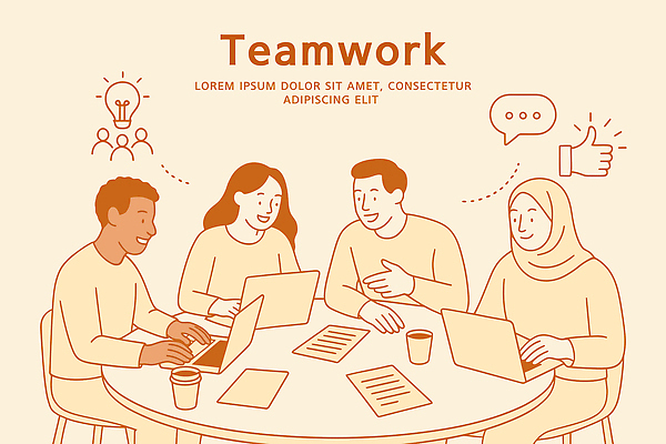 여자 남자 말풍선 의자 일러스트 비즈니스 전구 탁자 회의 협력 미소 앉기 여러명 상반신 성인 노트북 타이핑 비즈니스맨 비즈니스우먼 문서 따봉 베이지색 테이크아웃컵 파트너십 성인만 브레인스토밍 국내일러스트 AI파일 컬러 가구 다수 모션 표정 사람 컵 전자제품 최고 직장인 파일형식 벡터