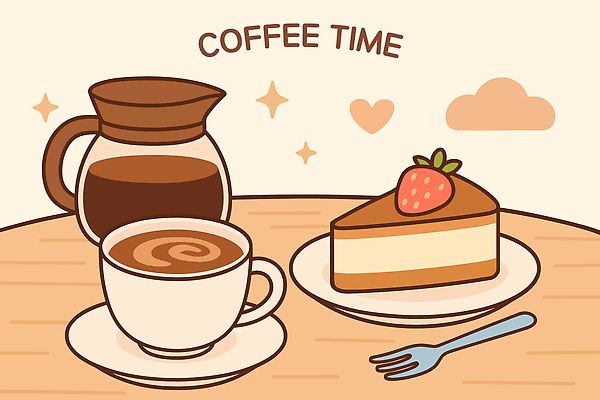 접시 포크 일러스트 티타임 사람없음 반짝임 갈색 하트 조각케이크 커피잔 커피포트 컵받침 아메리카노 구름모양 나무탁자 국내일러스트 AI파일 모양 식기 커피 컬러 모션 탁자 주전자 휴식 잔 케이크 받침대 파일형식 벡터 구름_자연