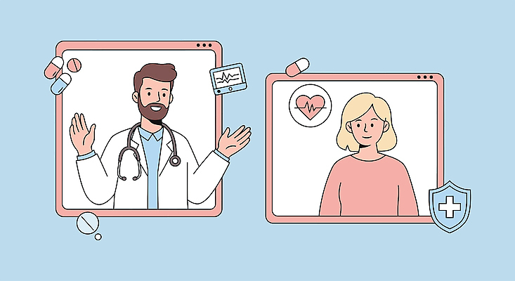 여자 남자 하늘색 일러스트 청진기 설명 미소 상반신 성인 두명 알약 손들기 의사 맥박 상담 인터넷창 방패모양 심전도모니터 십자마크 원격의료 성인만 국내일러스트 AI파일 모양 인터넷 의학 의료기기 모션 표정 사람 파란색 약 진료 의료진 방패 원격 파일형식 벡터