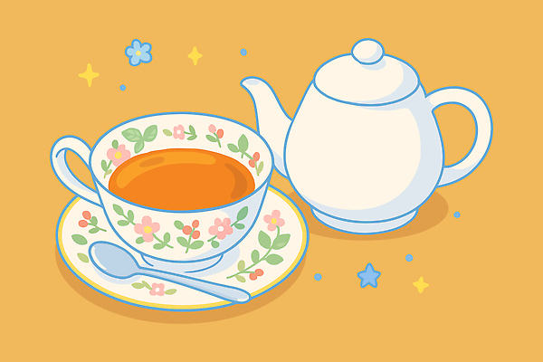 꽃 일러스트 티타임 사람없음 반짝임 주황색 찻잔 티스푼 컵받침 홍차 국내일러스트 AI파일 식물 컬러 모션 휴식 잔 차_음료 숟가락 받침대 파일형식 벡터