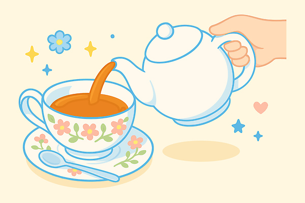 손 꽃 일러스트 티타임 들기 신체부위 반짝임 하트 붓기 차 찻잔 티스푼 찻주전자 컵받침 연노랑색 국내일러스트 AI파일 모양 식물 음료 모션 주전자 휴식 잔 사람 노란색 숟가락 받침대 파일형식 벡터
