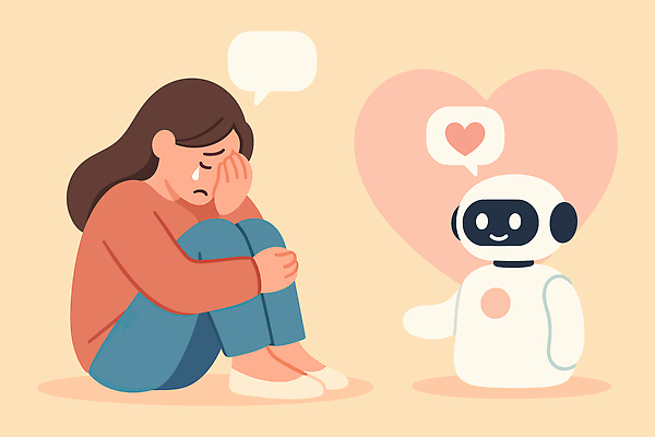 전신 여자 말풍선 일러스트 한명 성인 슬픔 하트 도움 울음 로봇 눈물 상담 격려 웅크림 손뻗기 위로 베이지색 성인여자한명만 정신건강 AI_인공지능 국내일러스트 AI파일 모양 1 감정 컬러 컨셉 모션 표정 건강 사람 여자한명만 성인여자만 파일형식 벡터