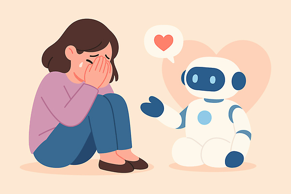 전신 여자 말풍선 일러스트 한명 성인 슬픔 하트 도움 울음 로봇 눈물 상담 격려 웅크림 손뻗기 위로 베이지색 성인여자한명만 정신건강 AI_인공지능 국내일러스트 AI파일 모양 1 감정 컬러 컨셉 모션 표정 건강 사람 여자한명만 성인여자만 파일형식 벡터