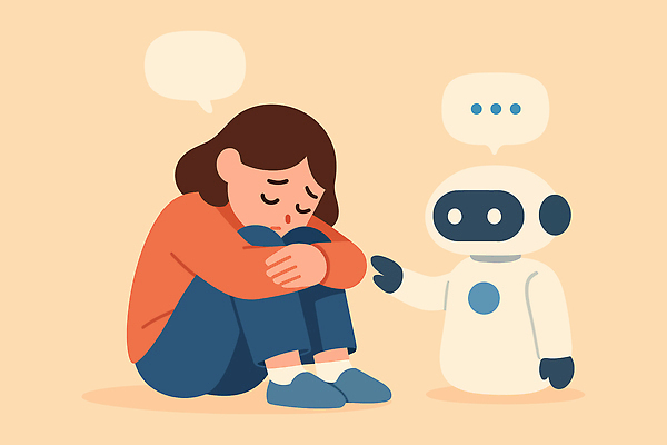 전신 여자 말풍선 일러스트 한명 성인 슬픔 도움 좌절 로봇 상담 격려 웅크림 손뻗기 위로 베이지색 성인여자한명만 정신건강 AI_인공지능 국내일러스트 AI파일 1 감정 컬러 컨셉 모션 건강 사람 여자한명만 성인여자만 파일형식 벡터