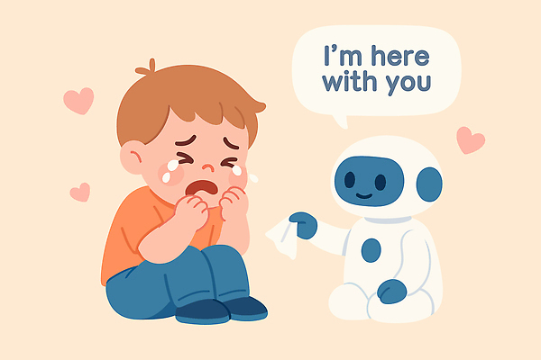 전신 남자 어린이 말풍선 일러스트 한명 소년 슬픔 하트 도움 화장지 울음 로봇 눈물 주기 상담 격려 웅크림 위로 베이지색 소년한명만 정신건강 AI_인공지능 국내일러스트 AI파일 모양 1 감정 컬러 컨셉 모션 표정 건강 사람 남자한명만 소년만 파일형식 벡터