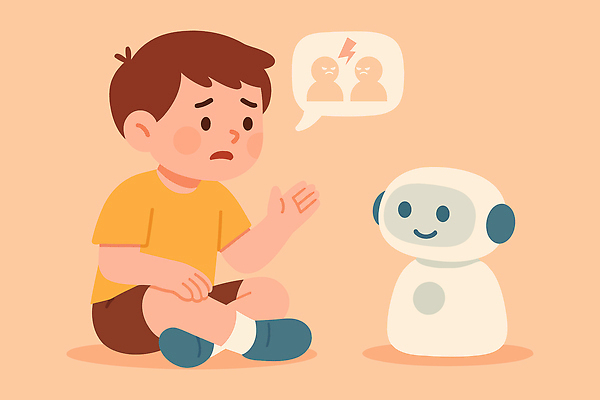 전신 남자 어린이 말풍선 일러스트 설명 한명 소년 손들기 슬픔 도움 로봇 상담 싸움 가부좌 번개모양 베이지색 소년한명만 정신건강 AI_인공지능 국내일러스트 AI파일 모양 1 감정 컬러 컨셉 모션 건강 사람 앉기 번개 남자한명만 소년만 파일형식 벡터