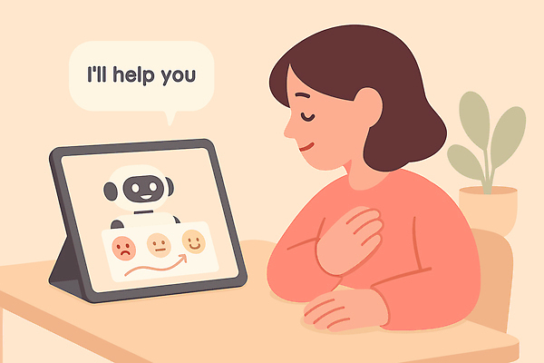 식물 여자 화분 말풍선 의자 일러스트 탁자 한명 상반신 성인 태블릿 눈감음 만지기 도움 로봇 안심 베이지색 성인여자한명만 정신건강 심리상담 AI_인공지능 국내일러스트 AI파일 1 컬러 가구 컨셉 모션 건강 육류 사람 전자제품 스마트기기 상담 여자한명만 성인여자만 파일형식 벡터