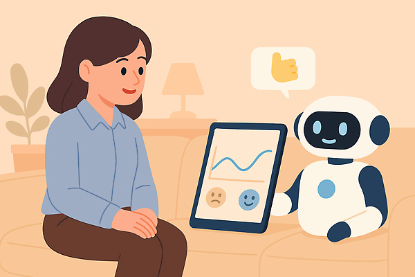 식물 여자 화분 말풍선 일러스트 한명 성인 소파 스탠드 도움 로봇 따봉 베이지색 성인여자한명만 정신건강 심리상담 AI_인공지능 국내일러스트 AI파일 1 컬러 컨셉 의자 조명 건강 사람 최고 상담 여자한명만 성인여자만 파일형식 벡터