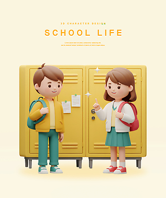 전신 PSD 편집이미지 여자 남자 청소년 책가방 대화 미소 두명 반짝임 스쿨라이프 3D 가리킴 잡기 캐비닛 십대만 연노랑색 편집3D 라이프스타일 가방 학교 모션 표정 말하기 사람 손짓 노란색 사물함 디지털합성 파일형식