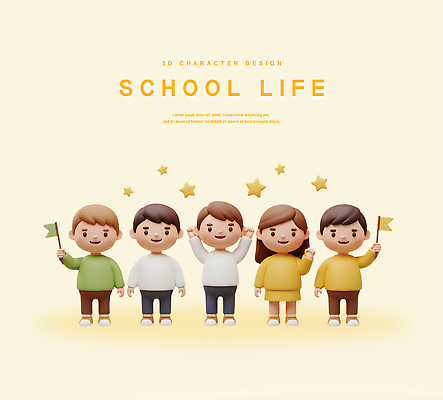전신 PSD 편집이미지 여자 남자 별 어린이 미소 소녀 소년 여러명 스쿨라이프 3D 손들기 만세 깃발 일렬 어린이만 연노랑색 편집3D 자연요소 라이프스타일 다수 학교 모션 표정 사람 노란색 디지털합성 파일형식