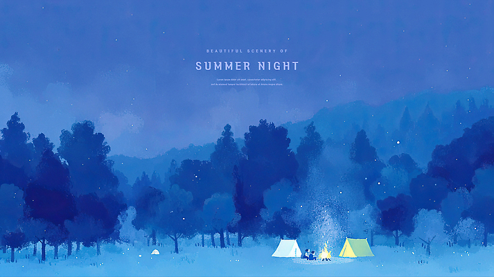 전신 PSD 나무 일러스트 밤하늘 수채화 텐트 앉기 초원 성인 두명 파란색 빛 여름풍경 캠핑 낭만 숲속 모닥불 여름밤 성인만 국내일러스트 식물 컬러 컨셉 모션 하늘 불 레저 캠핑도구 사람 풍경 여름 야간 숲 파일형식 여름_계절
