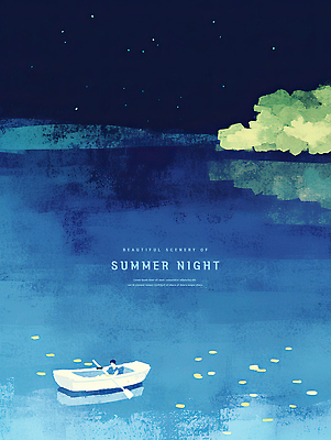 PSD 호수 일러스트 밤하늘 수채화 한명 성인 파란색 빛 여름풍경 낭만 풀 나룻배 노 여름밤 성인한명만 국내일러스트 식물 1 컬러 컨셉 배_교통 하늘 사람 풍경 여름 야간 선박 성인만 파일형식 여름_계절