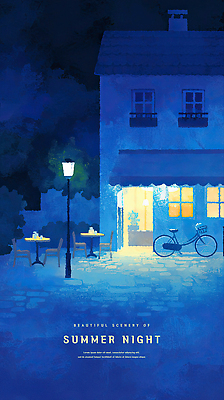 PSD 가로등 일러스트 밤하늘 수채화 사람없음 파란색 빛 자전거 여름풍경 낭만 옷가게 야외의자 야외테이블 여름밤 차양 국내일러스트 옷 공공시설 컬러 컨셉 의자 탁자 하늘 풍경 여름 상점 바이크 야간 파일형식 여름_계절