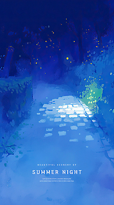 PSD 나무 길 일러스트 밤하늘 수채화 사람없음 파란색 빛 여름풍경 낭만 풀 반딧불이 여름밤 국내일러스트 식물 컬러 곤충 컨셉 하늘 풍경 여름 야간 파일형식 여름_계절