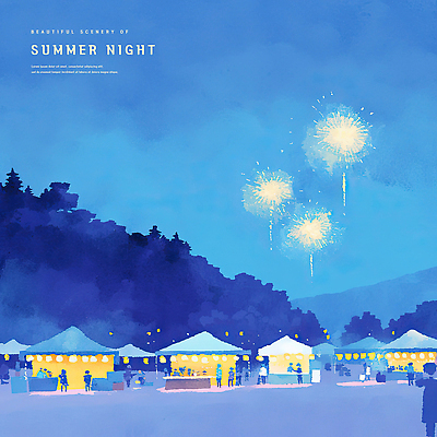 전신 PSD 나무 일러스트 밤하늘 조명 수채화 불꽃놀이 여러명 성인 파란색 빛 여름풍경 낭만 군중 천막 부스 여름밤 성인만 국내일러스트 식물 컬러 다수 컨셉 놀이 하늘 사람 풍경 여름 야간 파일형식 여름_계절
